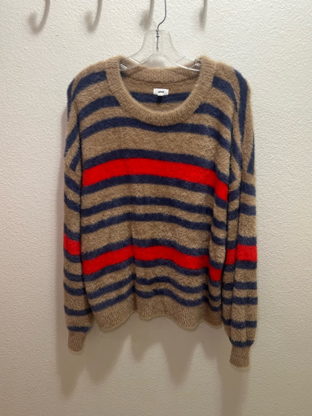 Aerie Fuzzy Beige Sweater with Navy Stripes Cozy, Warm, Fall Fashion